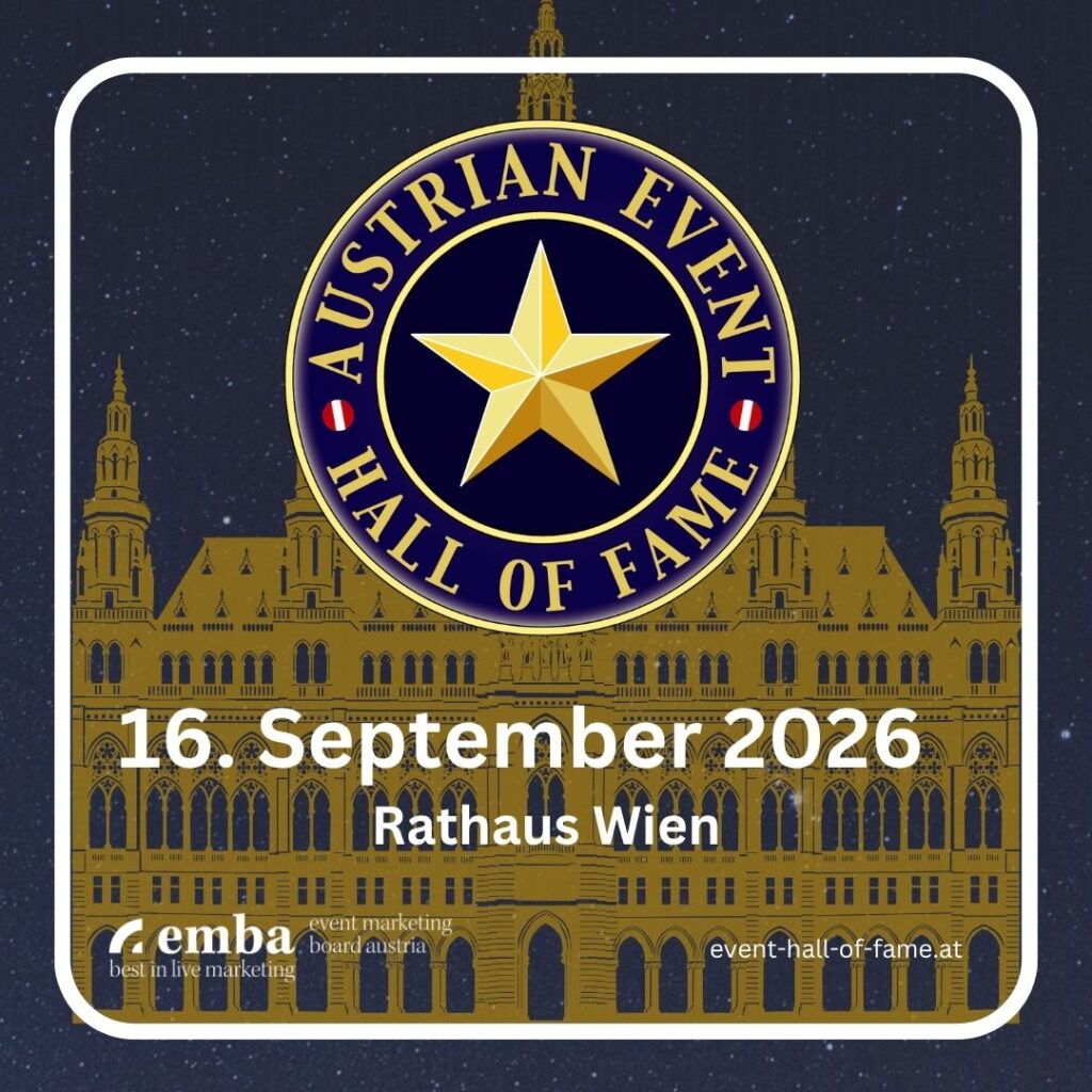 Im Hintergrund ist eine Illustration des Wiener Rathauses zu sehen, Davor liegt das Logo der Austrian Event Hall of Fame. Auch das Veranstaltungsdatum 16. September ist integriert.