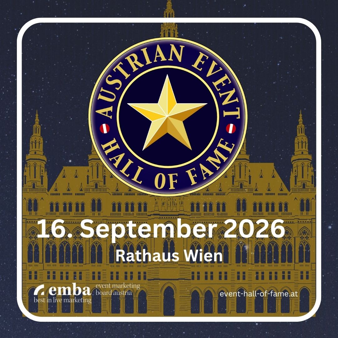 Im Hintergrund ist eine Illustration des Wiener Rathauses zu sehen, Davor liegt das Logo der Austrian Event Hall of Fame. Auch das Veranstaltungsdatum 16. September ist integriert.
